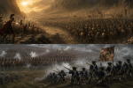 Dramatic historical illustration comparing the 300 Spartans at the Battle of Thermopylae with the Maryland 400 at the Battle of Long Island, showing two vastly outnumbered forces making heroic last stands that helped shape the future of their nations.